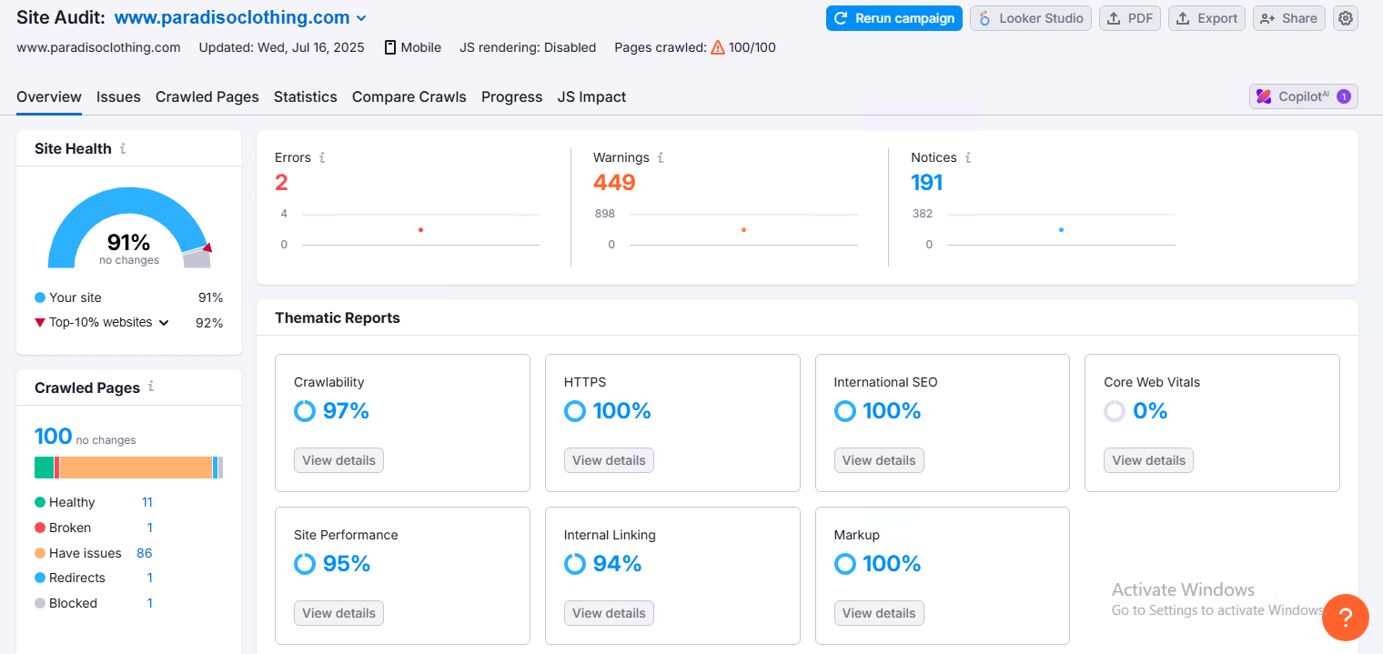 Running Regular Site Audit with Semrush